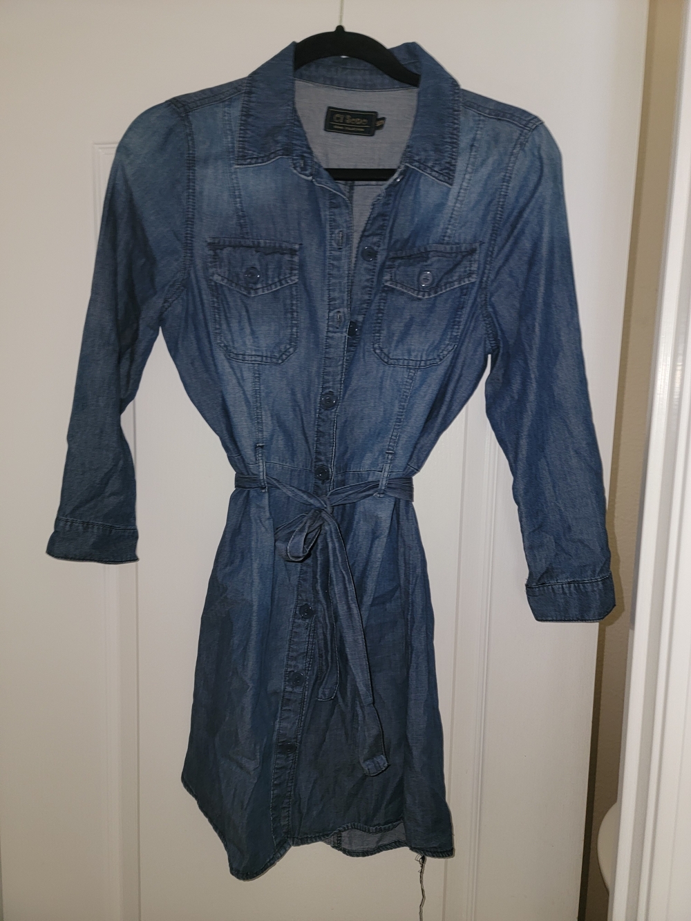 Denim Shirt Dress with Waist Tie - Blue